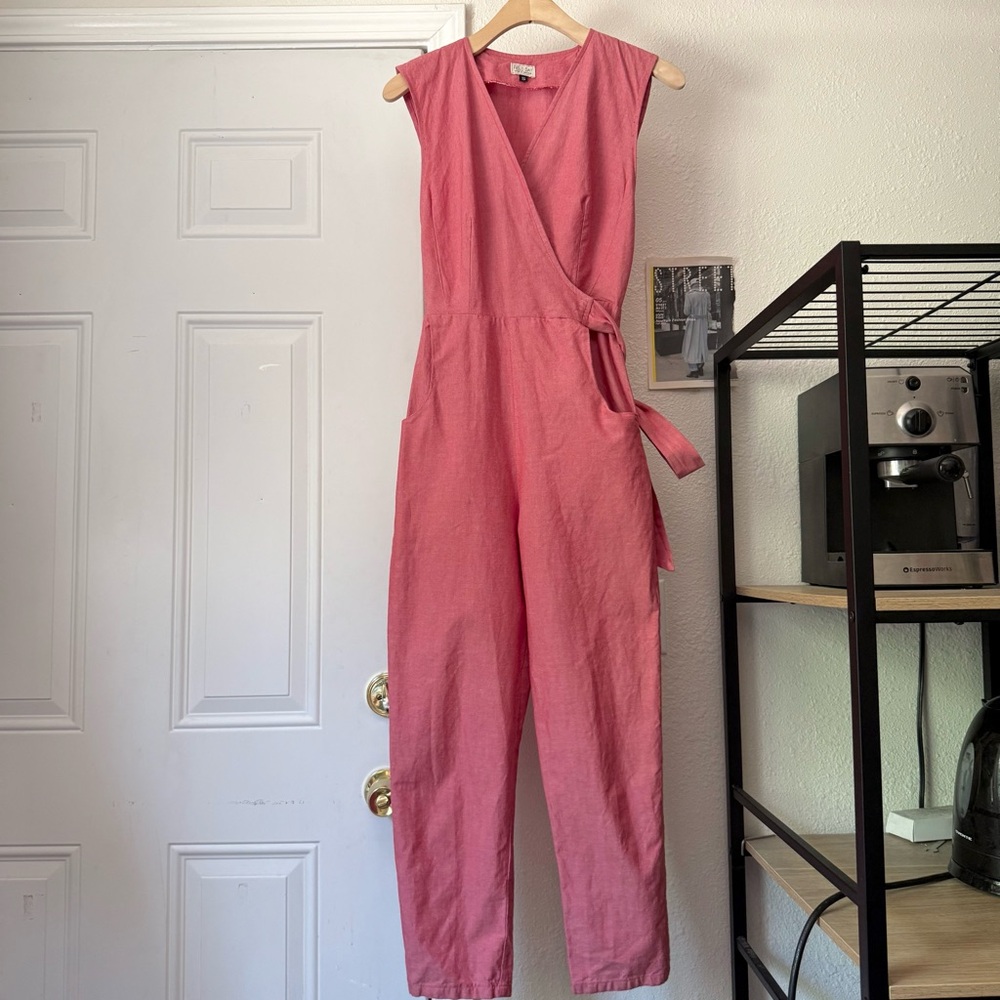 FIELD DAY OAKLAND salmon pink red sleeveless wrap cropped jumpsuit